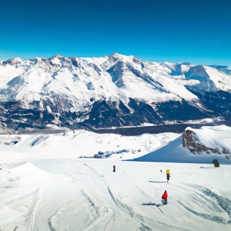 Four skiers amidst the breathtaking Alpine panorama of Crans&#45;Montana, Switzerland, their skis poised for exhilarating adventures on the slopes during their two&#45;week ski vacation.