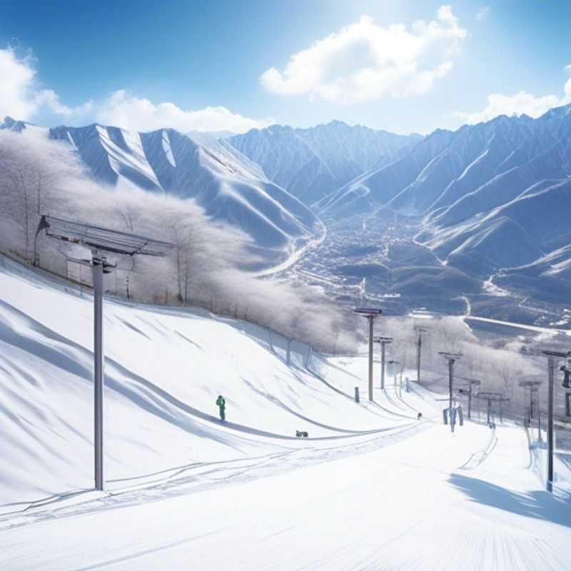 A couple skiing joyfully down the pristine slopes of Hakuba Valley, Japan, surrounded by breathtaking snow-capped mountains, embodying the spirit of wellness and adventure during their 5-day ski vacation.