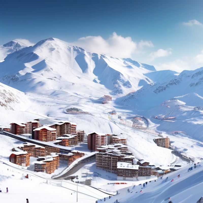 Four adventurous friends skiing down the pristine slopes of Val Thorens, France, embracing the thrill of their two-week winter vacation in the heart of the Alps during peak ski season.