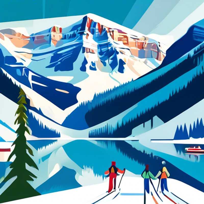 A luxury traveler savoring the breathtaking views of Banff-Lake Louise, Canada, surrounded by snow-capped mountains and pristine ski slopes during a 24-hour solo skiing vacation in ski season.