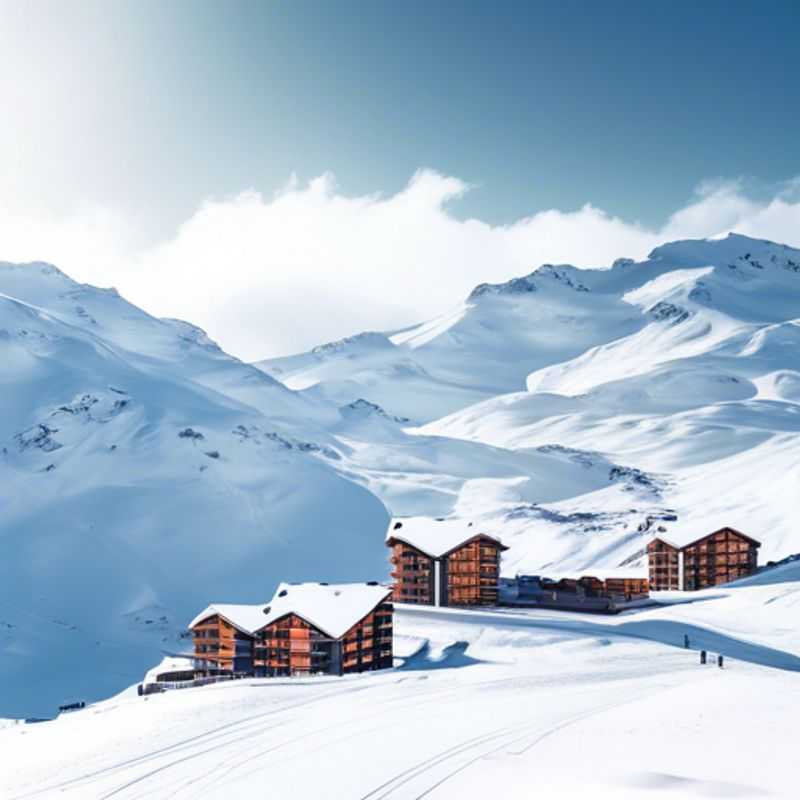 Four adventurous friends skiing down the pristine slopes of Val Thorens, France, embracing the thrill of their two-week winter vacation in the heart of the Alps during peak ski season.