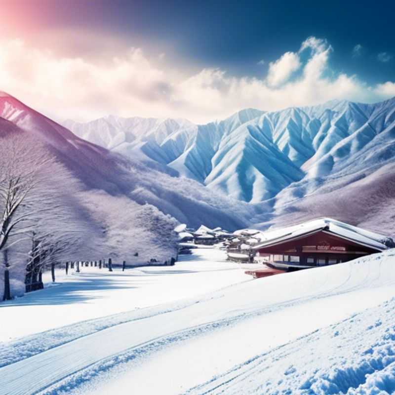 A couple skiing joyfully down the pristine slopes of Hakuba Valley, Japan, surrounded by breathtaking snow-capped mountains, embodying the spirit of wellness and adventure during their 5-day ski vacation.